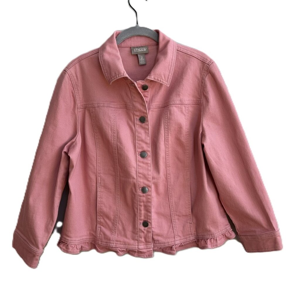 Chicos Pink Denim Jacket Ladies Size 12 (Chicos 2) Ruffle Edge